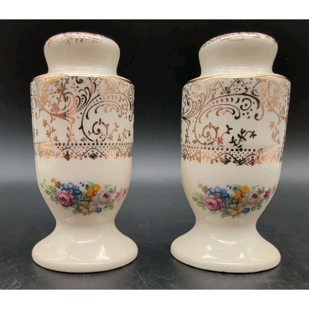 Vtg Lamode Parisian Center Salt & Pepper Shakers Floral Gold